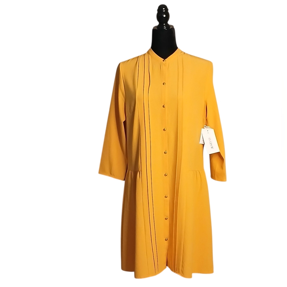 JustFab Women's Trendy Golden Yellow Long Sleeve Shirt Dress w/Fluted Hem